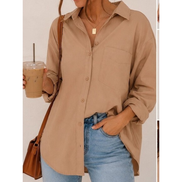Unbranded Tops - Mimosa Beige Oversized Button Down Shirt Sz S 100% Cotton Minimalist Casual Chic